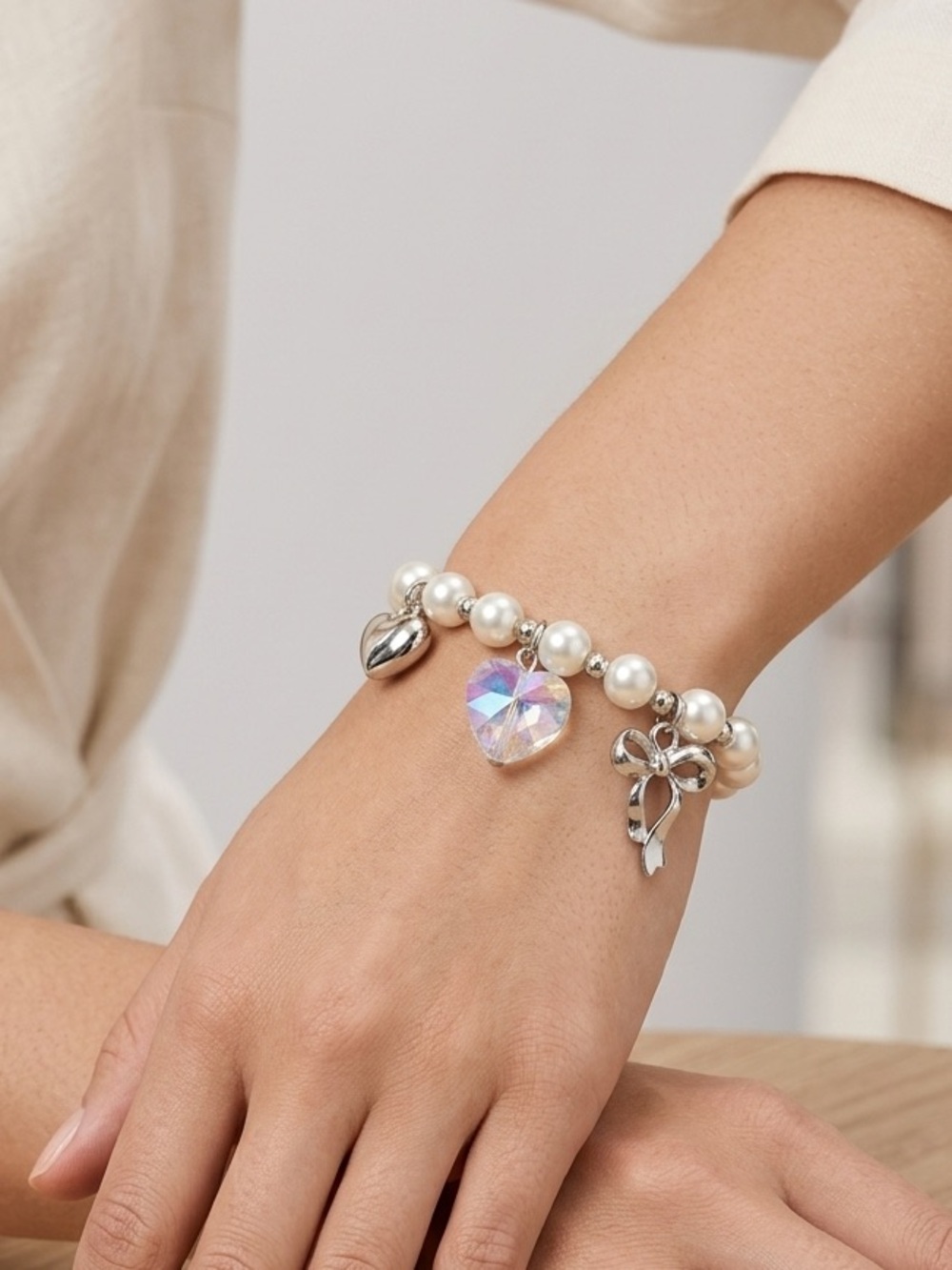 Pearl Charm Bracelet | Silver Bow Crystal Heart Stretch Bracelet